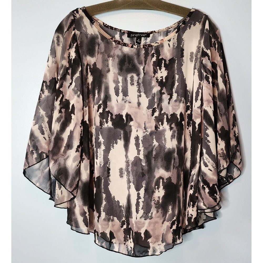 Paraphrase Abstract Print Cape Top Flowy Blouse Lightweight Black‎ Beige Small